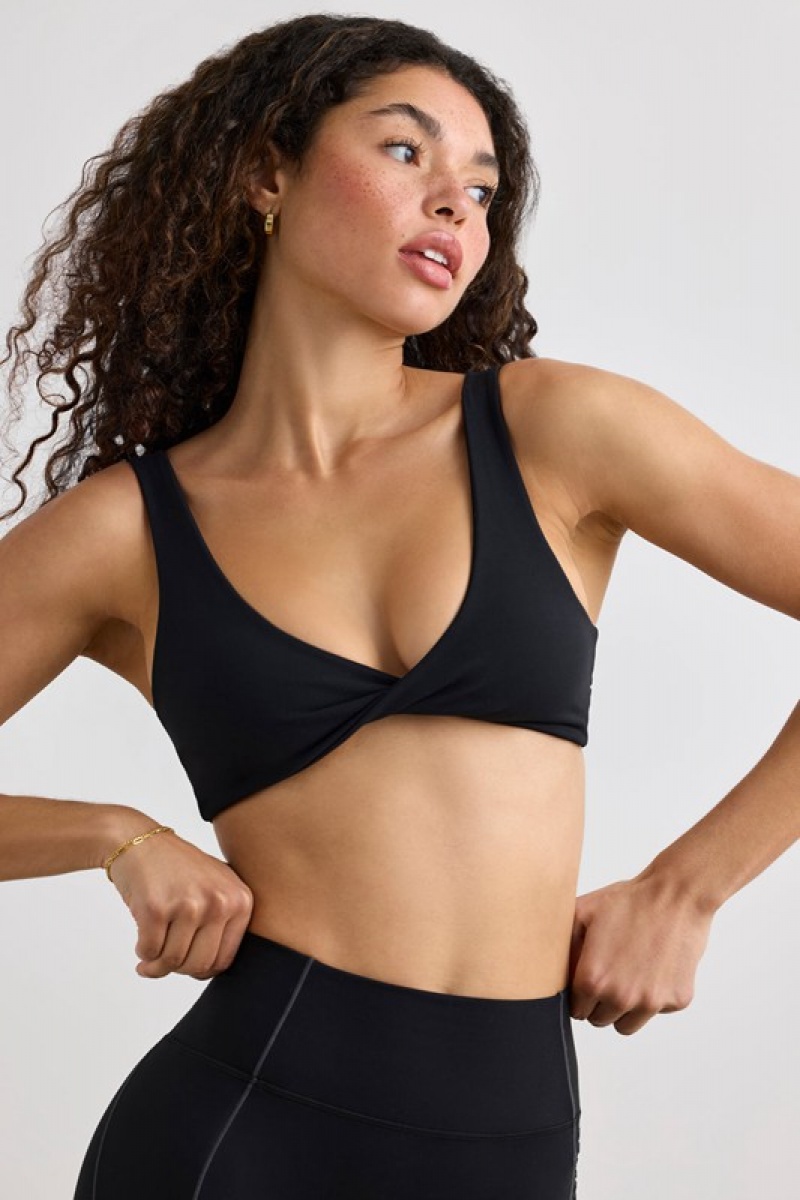 Black Women's Bo And Tee Soft Active V-Neck Sports Bra | 52067-IDKZ