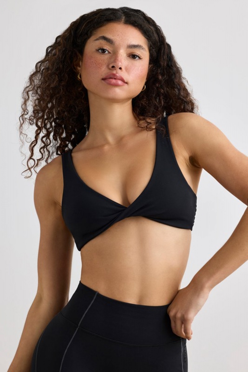 Black Women\'s Bo And Tee Soft Active V-Neck Sports Bra | 52067-IDKZ