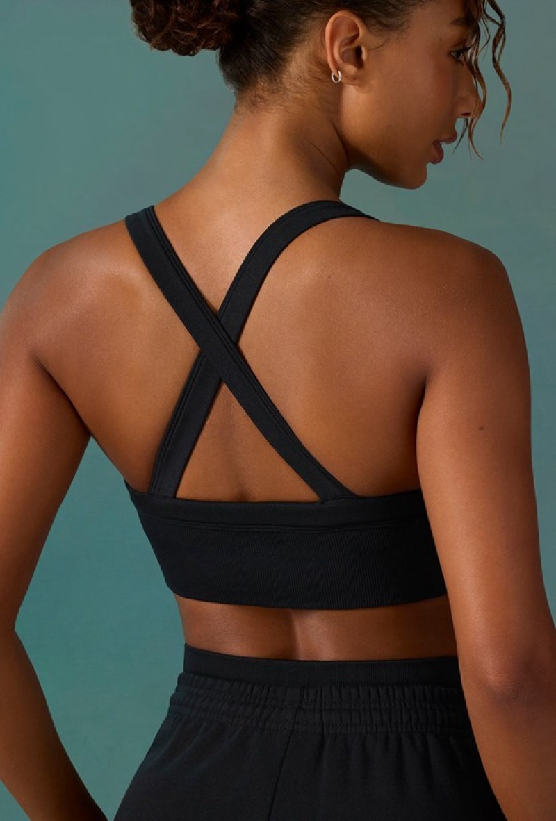 Black Women's Bo And Tee Super Sculpt Seamless Cross Back Sports Bra | 03924-YOSE