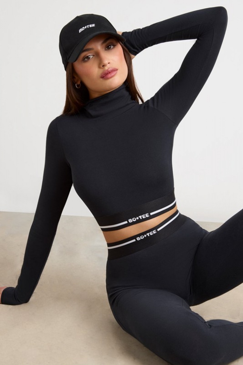 Black Women's Bo And Tee Turtleneck Backless Long-Sleeve Crop Tops | 27853-KNEF