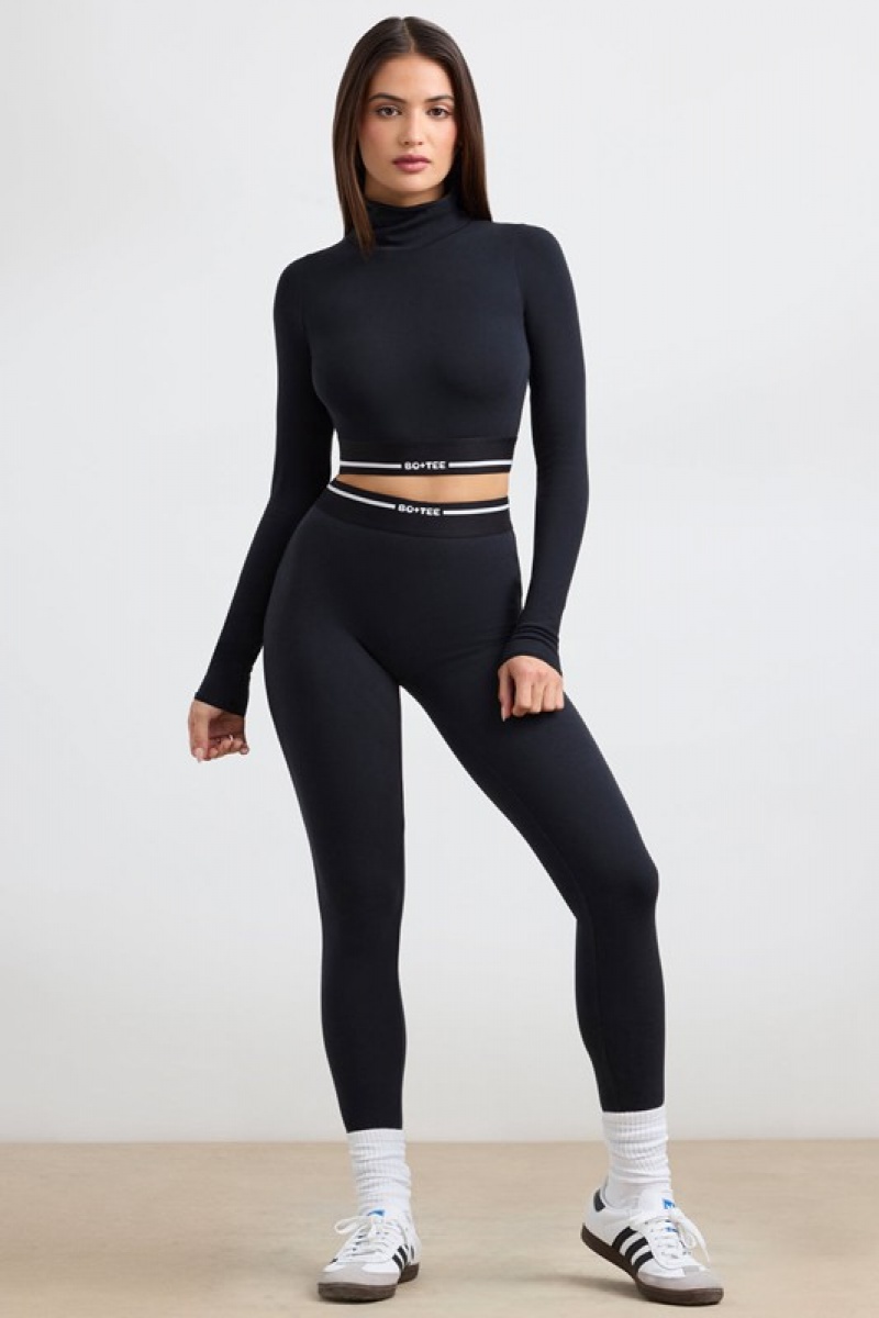 Black Women's Bo And Tee Turtleneck Backless Long-Sleeve Crop Tops | 27853-KNEF