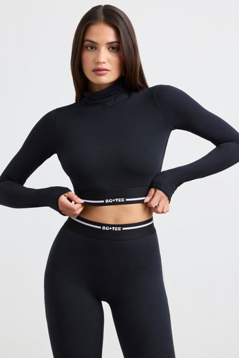 Black Women's Bo And Tee Turtleneck Backless Long-Sleeve Crop Tops | 27853-KNEF