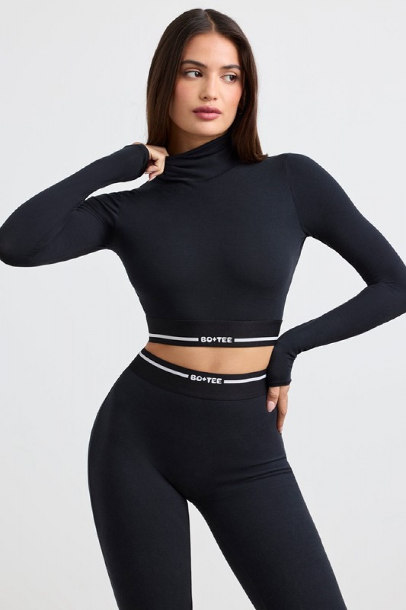 Black Women's Bo And Tee Turtleneck Backless Long-Sleeve Crop Tops | 27853-KNEF