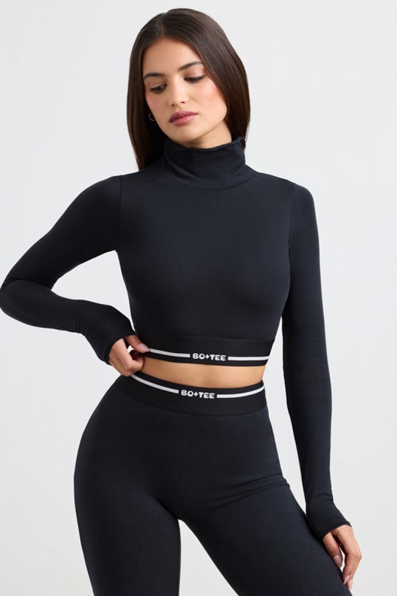 Black Women's Bo And Tee Turtleneck Backless Long-Sleeve Crop Tops | 27853-KNEF