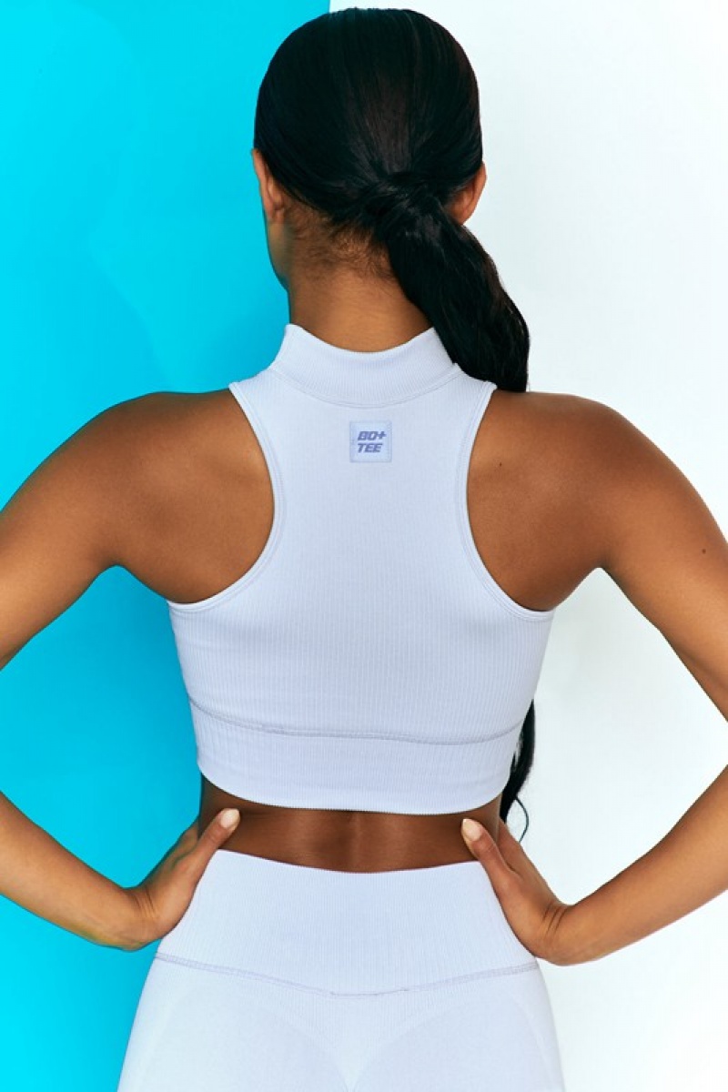 Blue Women's Bo And Tee Ribbed High Neck Crop Tops | 58693-HUNX