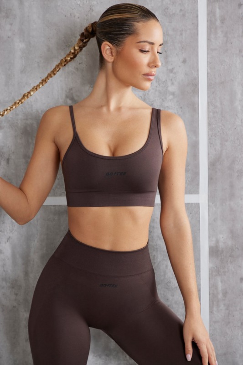 Brown Women's Bo And Tee Asymmetric Sports Bra | 71480-HXOK