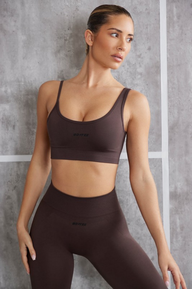 Brown Women's Bo And Tee Asymmetric Sports Bra | 71480-HXOK