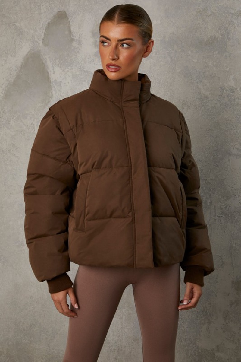 Brown Women's Bo And Tee Cropped with Detachable Sleeves Puffer Jacket | 16928-DZIS