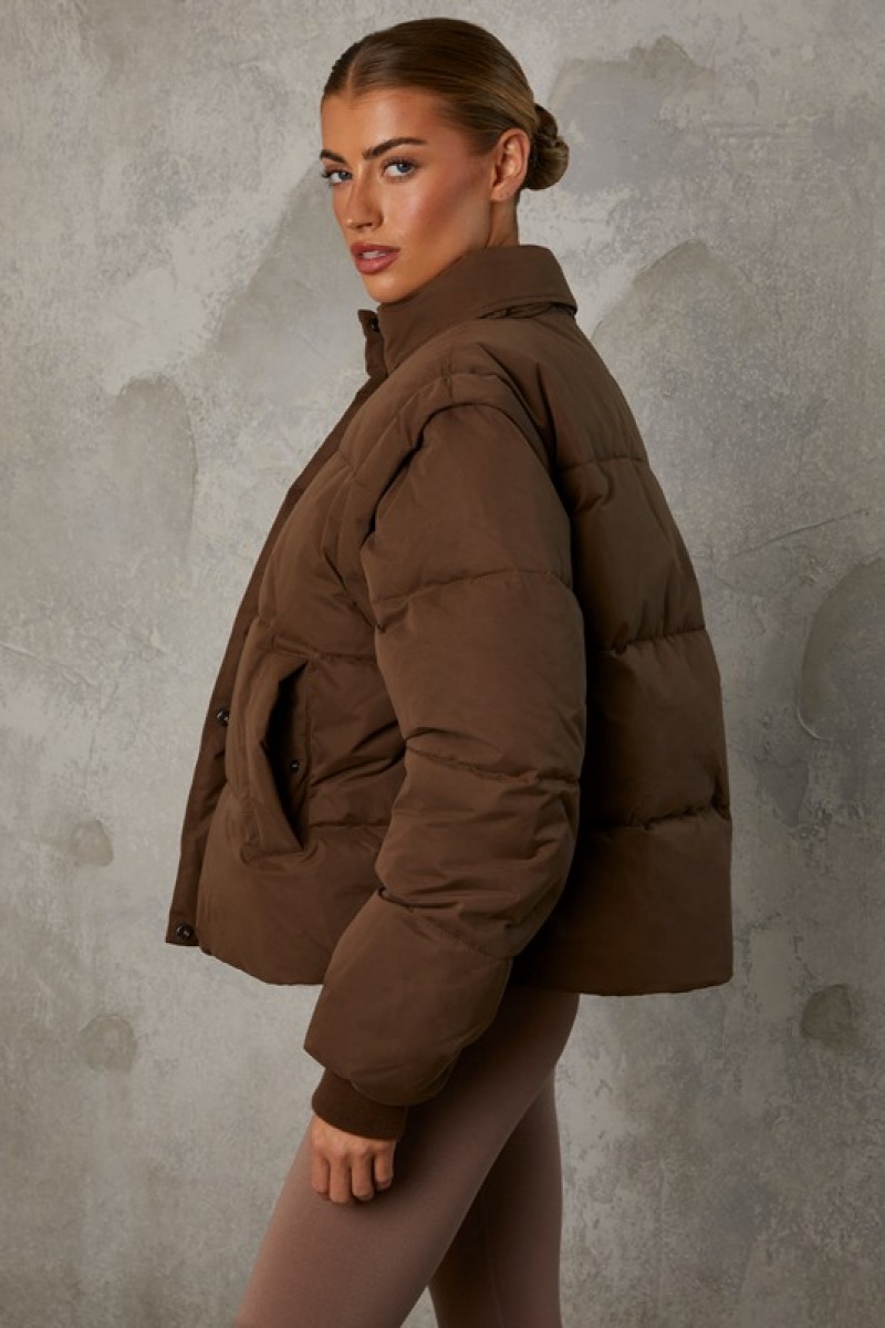 Brown Women's Bo And Tee Cropped with Detachable Sleeves Puffer Jacket | 16928-DZIS