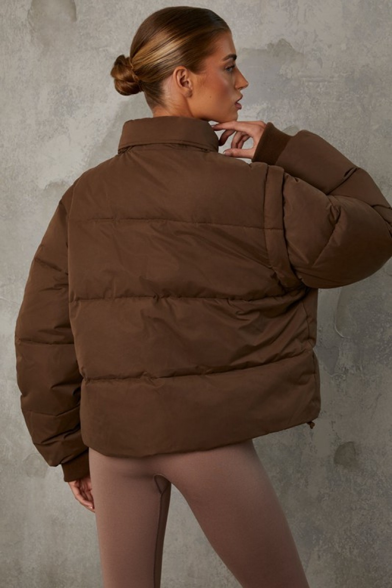 Brown Women's Bo And Tee Cropped with Detachable Sleeves Puffer Jacket | 16928-DZIS