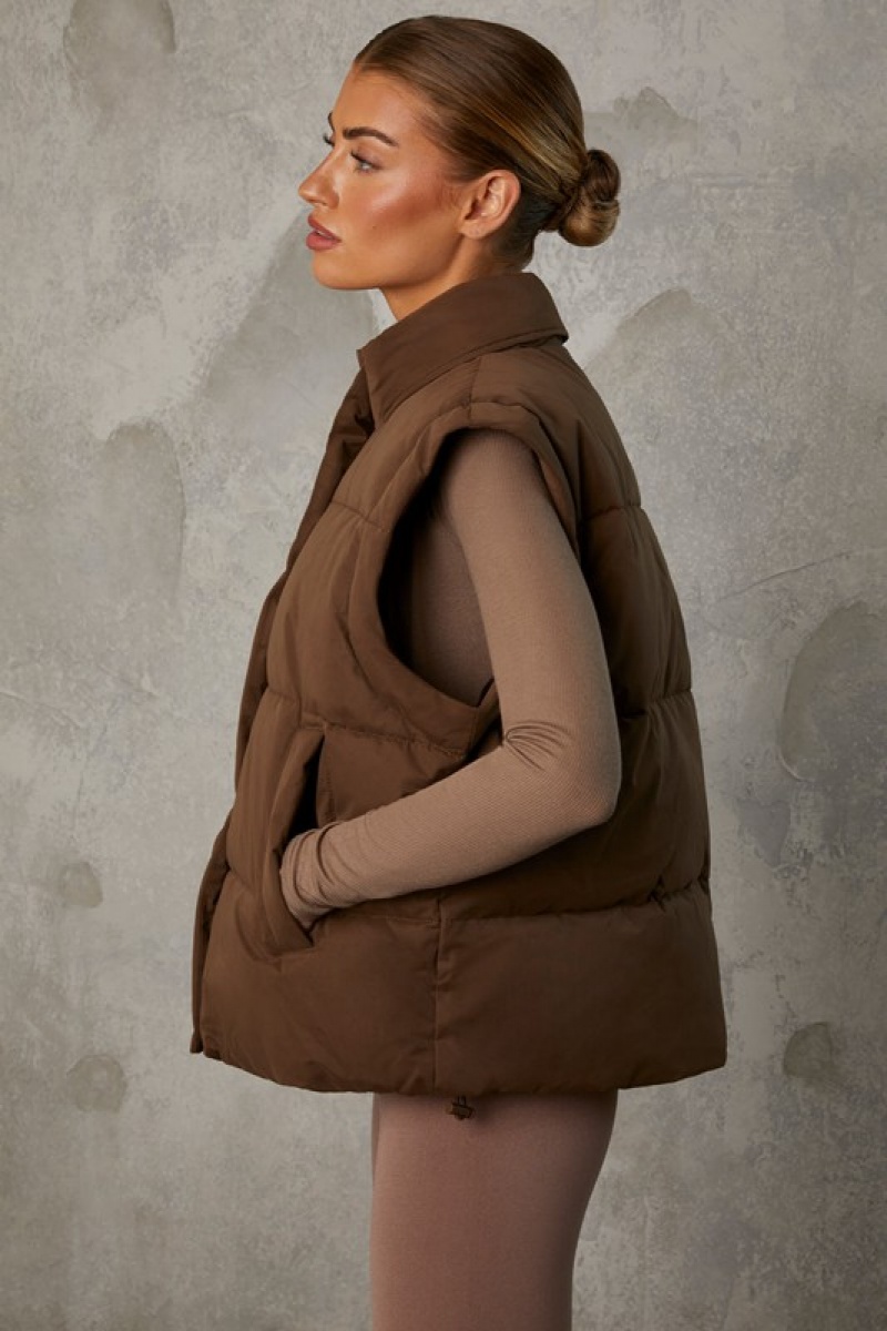 Brown Women's Bo And Tee Cropped with Detachable Sleeves Puffer Jacket | 16928-DZIS