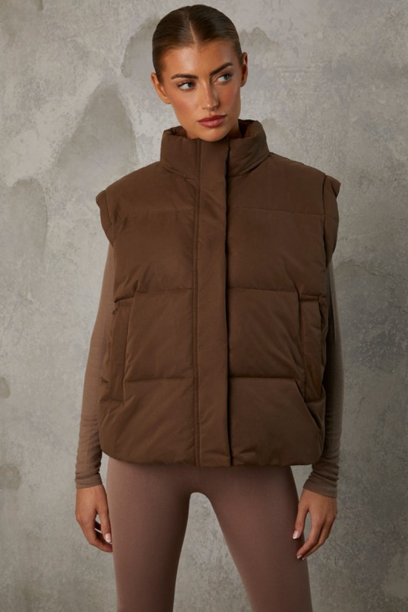 Brown Women's Bo And Tee Cropped with Detachable Sleeves Puffer Jacket | 16928-DZIS