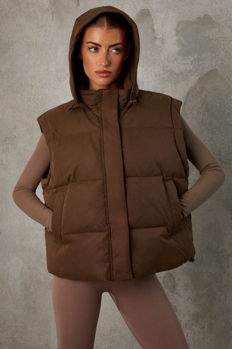 Brown Women's Bo And Tee Cropped with Detachable Sleeves Puffer Jacket | 16928-DZIS