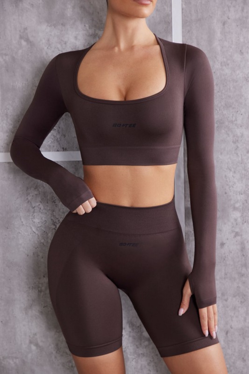 Brown Women's Bo And Tee Long Sleeve Crop Tops | 86301-YDXR