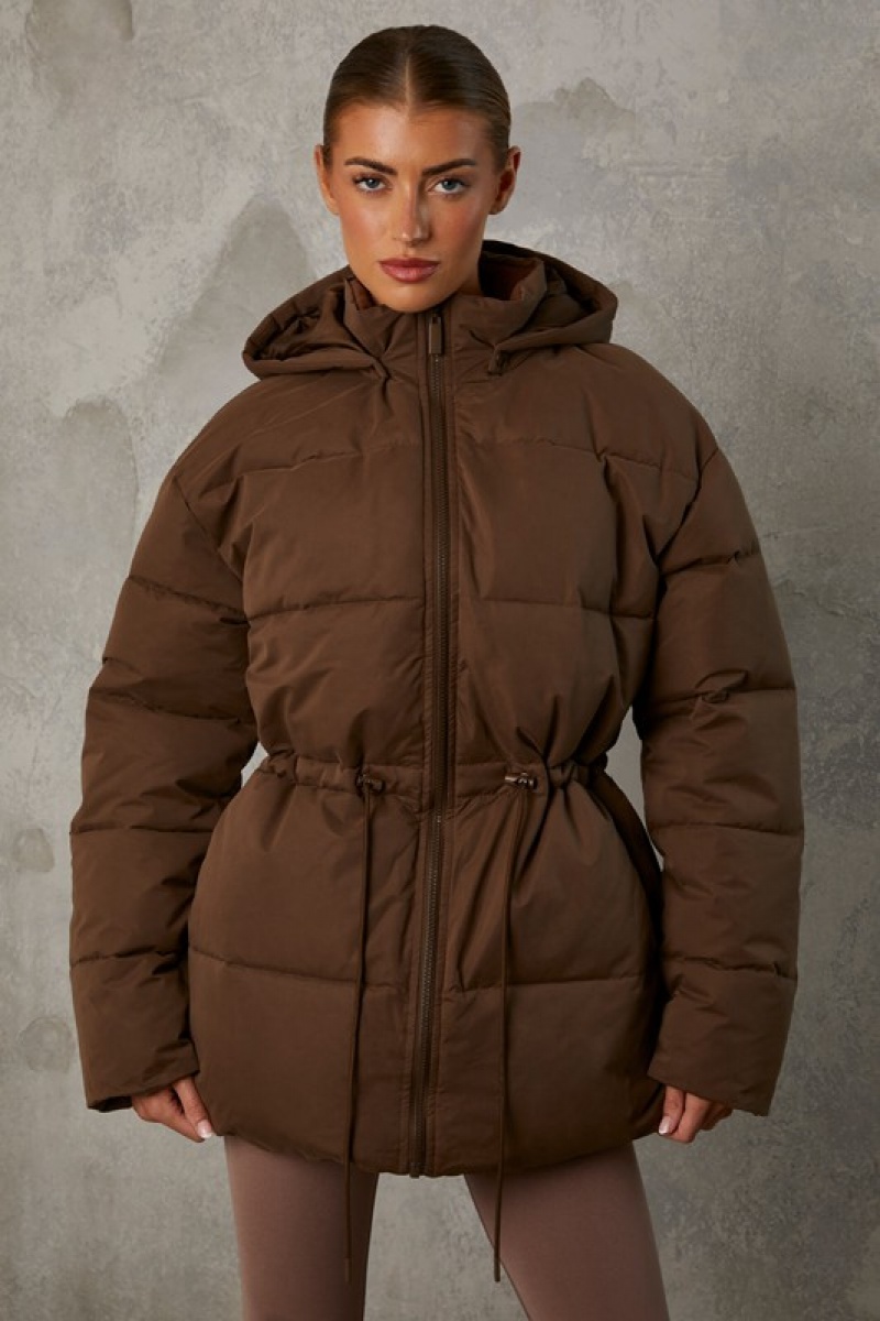 Brown Women's Bo And Tee Mid Length Hooded Puffer Coat | 45931-JDEM