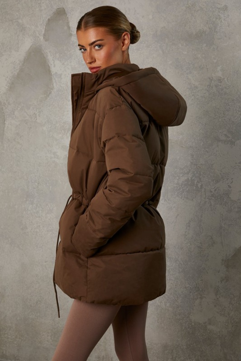 Brown Women's Bo And Tee Mid Length Hooded Puffer Coat | 45931-JDEM