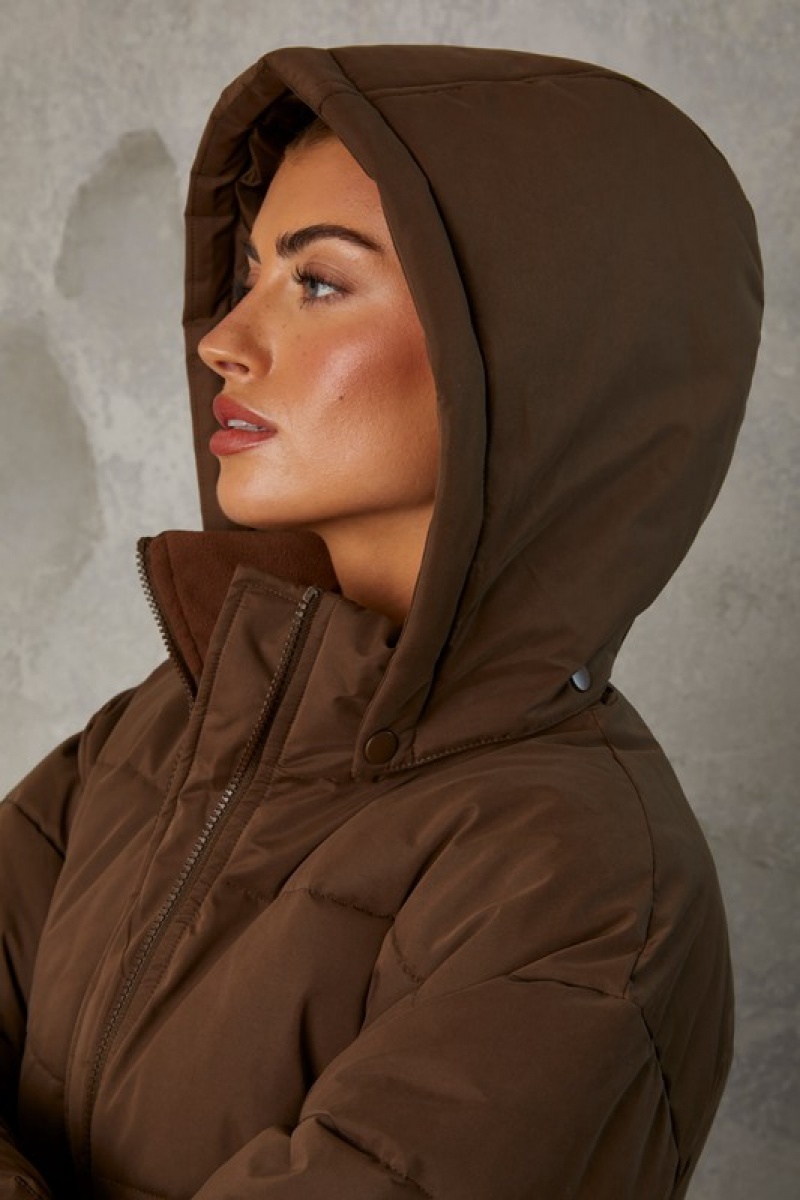 Brown Women's Bo And Tee Mid Length Hooded Puffer Coat | 45931-JDEM