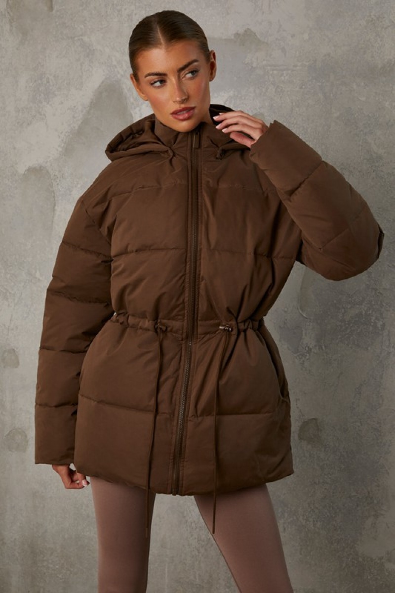 Brown Women's Bo And Tee Mid Length Hooded Puffer Coat | 45931-JDEM