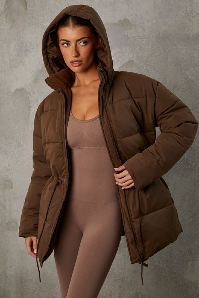 Brown Women's Bo And Tee Mid Length Hooded Puffer Coat | 45931-JDEM