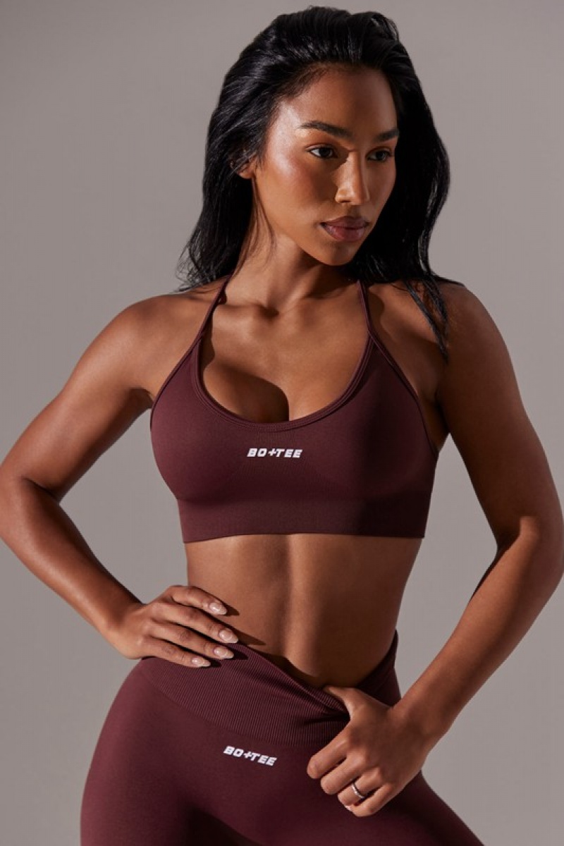 Burgundy Women's Bo And Tee Scoop Neck Multi Strap Sports Bra | 21564-QLSR