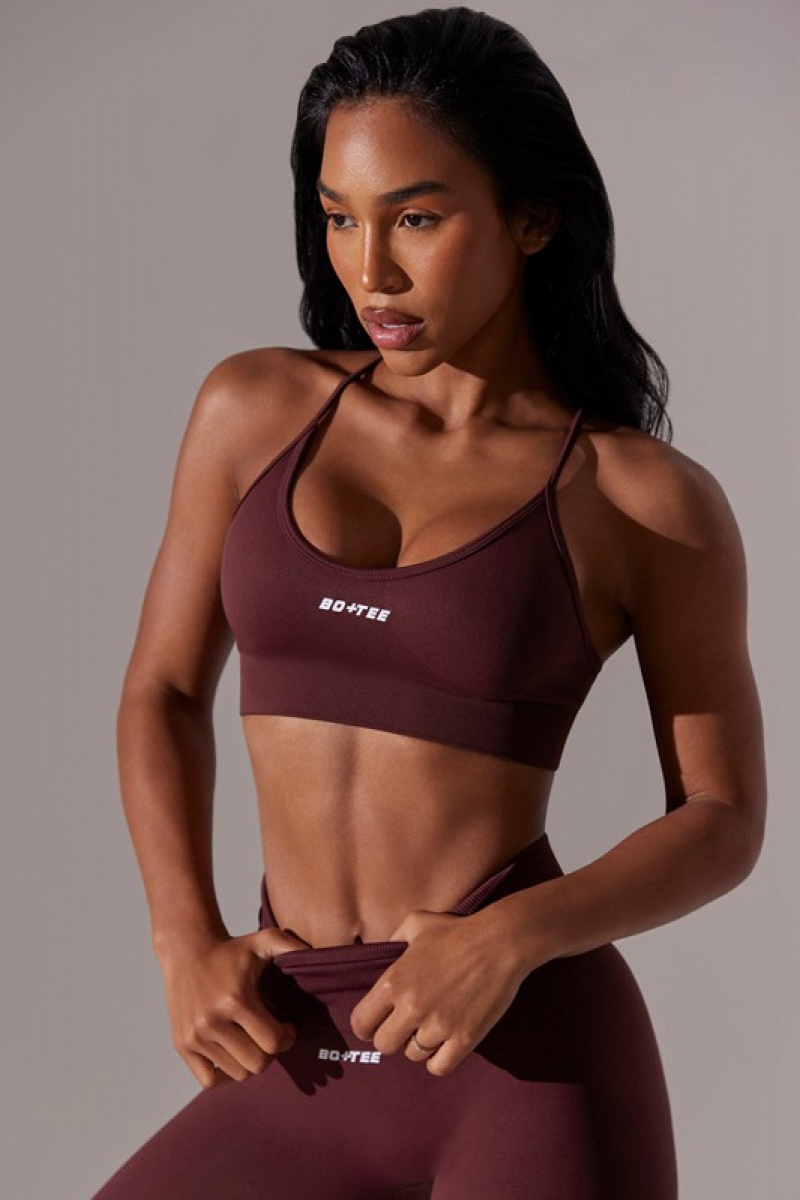 Burgundy Women's Bo And Tee Scoop Neck Multi Strap Sports Bra | 21564-QLSR