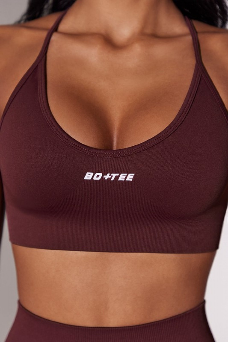 Burgundy Women's Bo And Tee Scoop Neck Multi Strap Sports Bra | 21564-QLSR