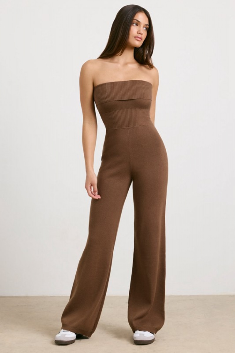 Dark Brown Women's Bo And Tee Chunky Knit Kick Flare Unitard | 83679-LYCI