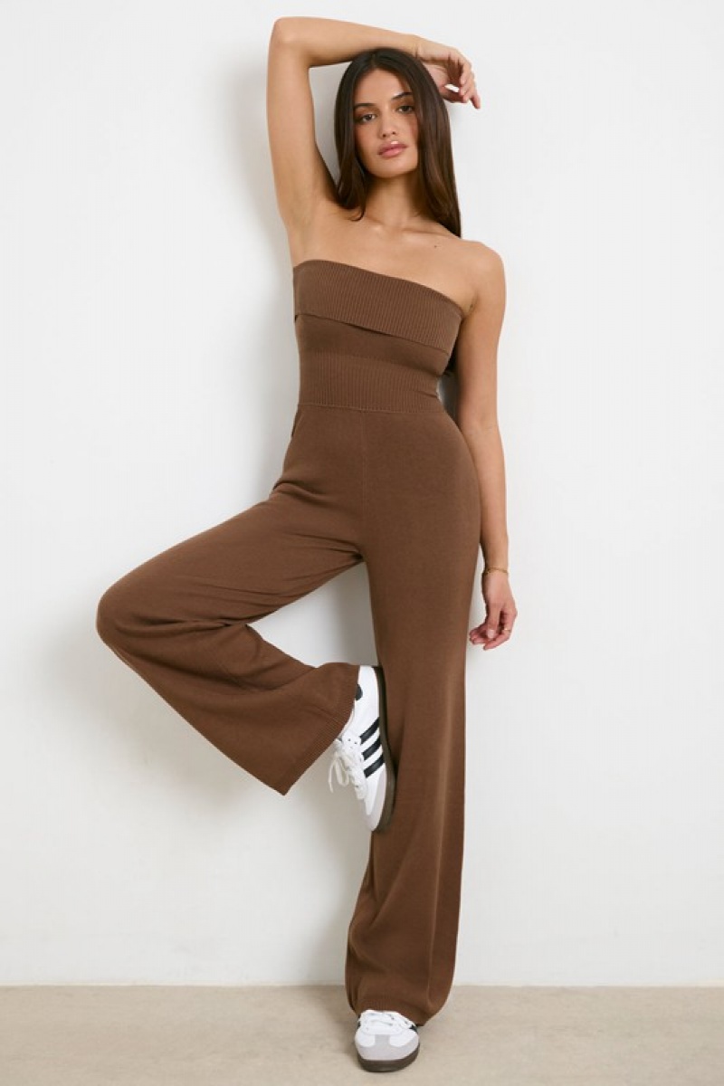 Dark Brown Women's Bo And Tee Chunky Knit Kick Flare Unitard | 83679-LYCI