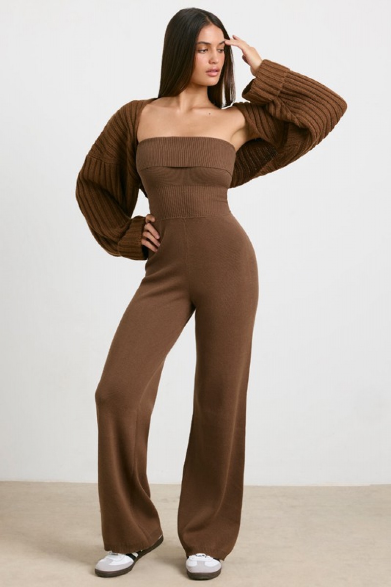 Dark Brown Women's Bo And Tee Chunky Knit Kick Flare Unitard | 83679-LYCI