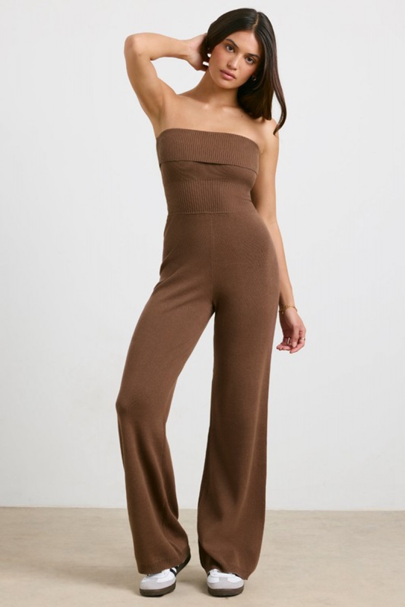 Dark Brown Women's Bo And Tee Chunky Knit Kick Flare Unitard | 83679-LYCI