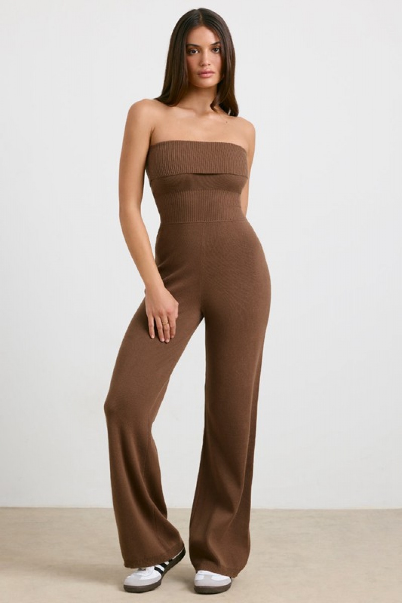 Dark Brown Women's Bo And Tee Chunky Knit Kick Flare Unitard | 83679-LYCI