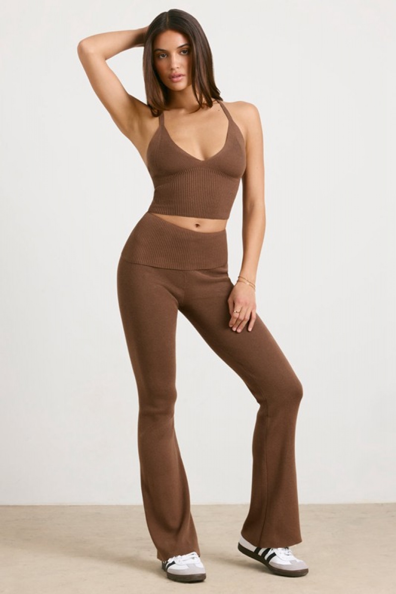 Dark Brown Women's Bo And Tee Chunky Knit Kick Flare Trousers | 51273-OJFV