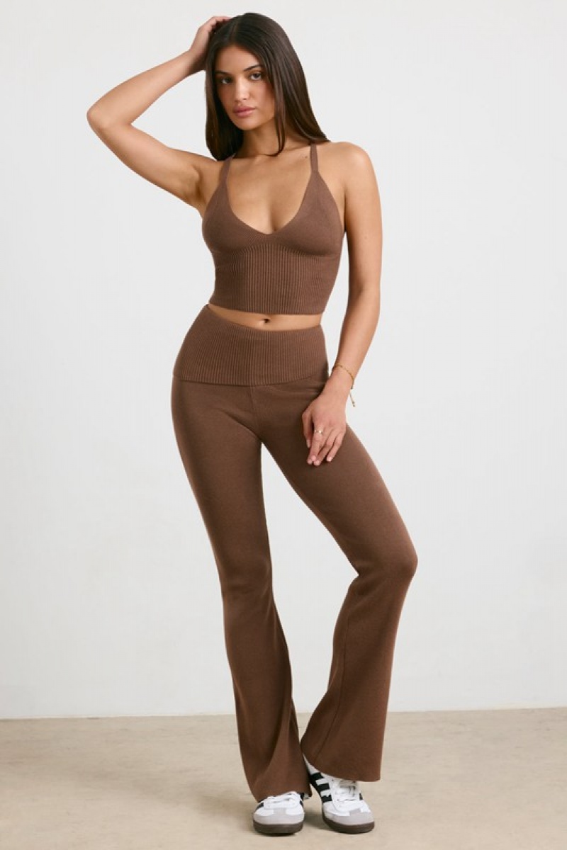 Dark Brown Women's Bo And Tee Chunky Knit Kick Flare Trousers | 51273-OJFV