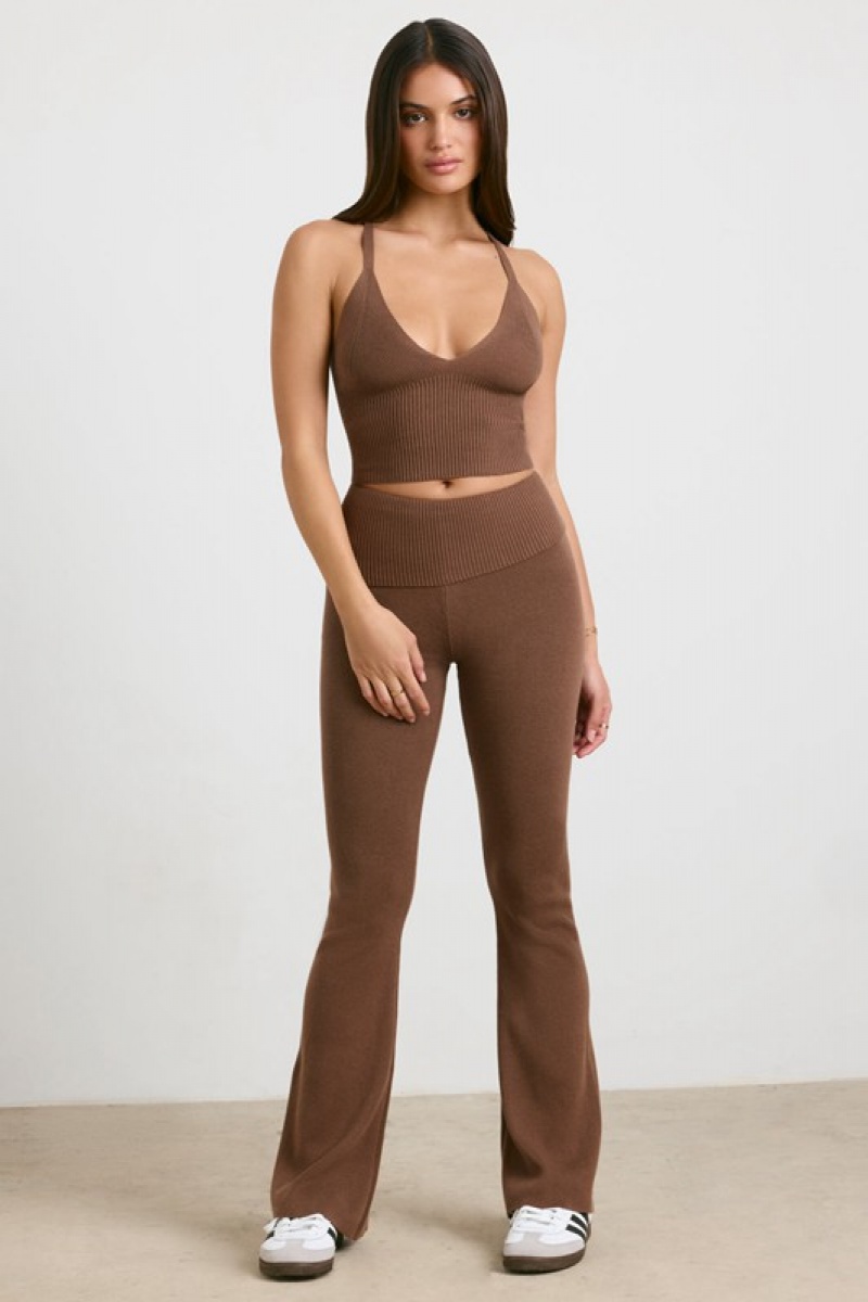 Dark Brown Women's Bo And Tee Chunky Knit Kick Flare Trousers | 51273-OJFV