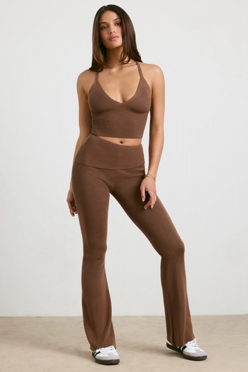 Dark Brown Women's Bo And Tee Chunky Knit Kick Flare Trousers | 51273-OJFV