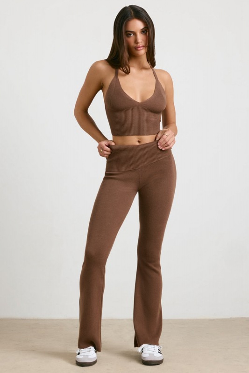 Dark Brown Women's Bo And Tee Chunky Knit Kick Flare Trousers | 51273-OJFV