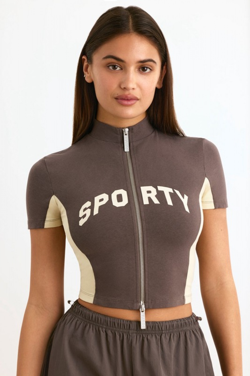 Dark Brown Women's Bo And Tee Colourblock Zip-Up Crop Tops | 35729-ILWH