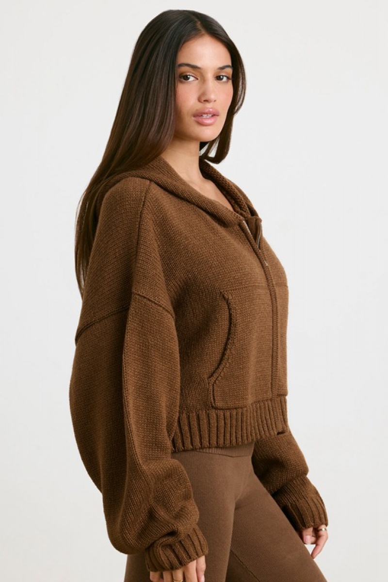 Dark Brown Women's Bo And Tee Cropped Zip Up Chunky Knit Hoodie | 87562-QDOI