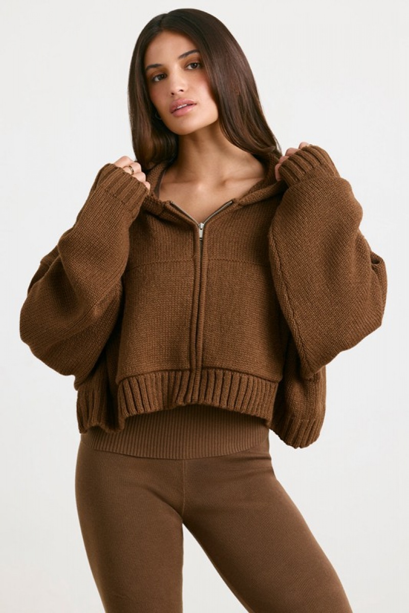 Dark Brown Women's Bo And Tee Cropped Zip Up Chunky Knit Hoodie | 87562-QDOI