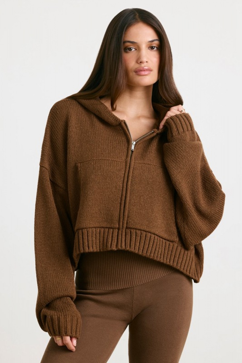 Dark Brown Women's Bo And Tee Cropped Zip Up Chunky Knit Hoodie | 87562-QDOI