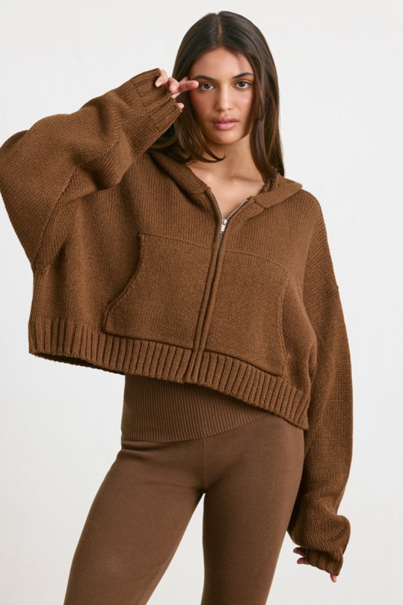 Dark Brown Women's Bo And Tee Cropped Zip Up Chunky Knit Hoodie | 87562-QDOI