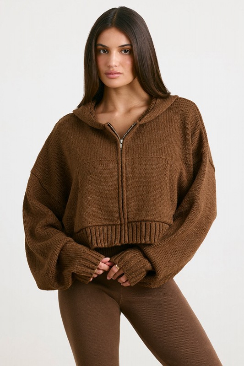 Dark Brown Women's Bo And Tee Cropped Zip Up Chunky Knit Hoodie | 87562-QDOI