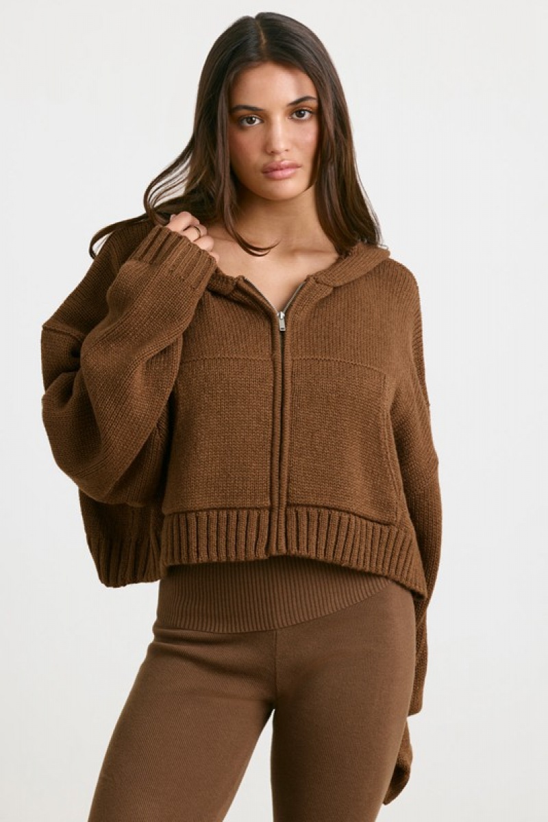 Dark Brown Women's Bo And Tee Cropped Zip Up Chunky Knit Hoodie | 87562-QDOI