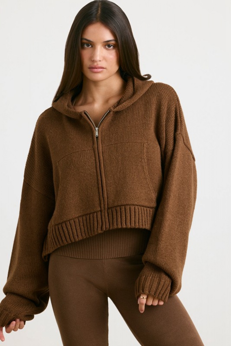 Dark Brown Women\'s Bo And Tee Cropped Zip Up Chunky Knit Hoodie | 87562-QDOI