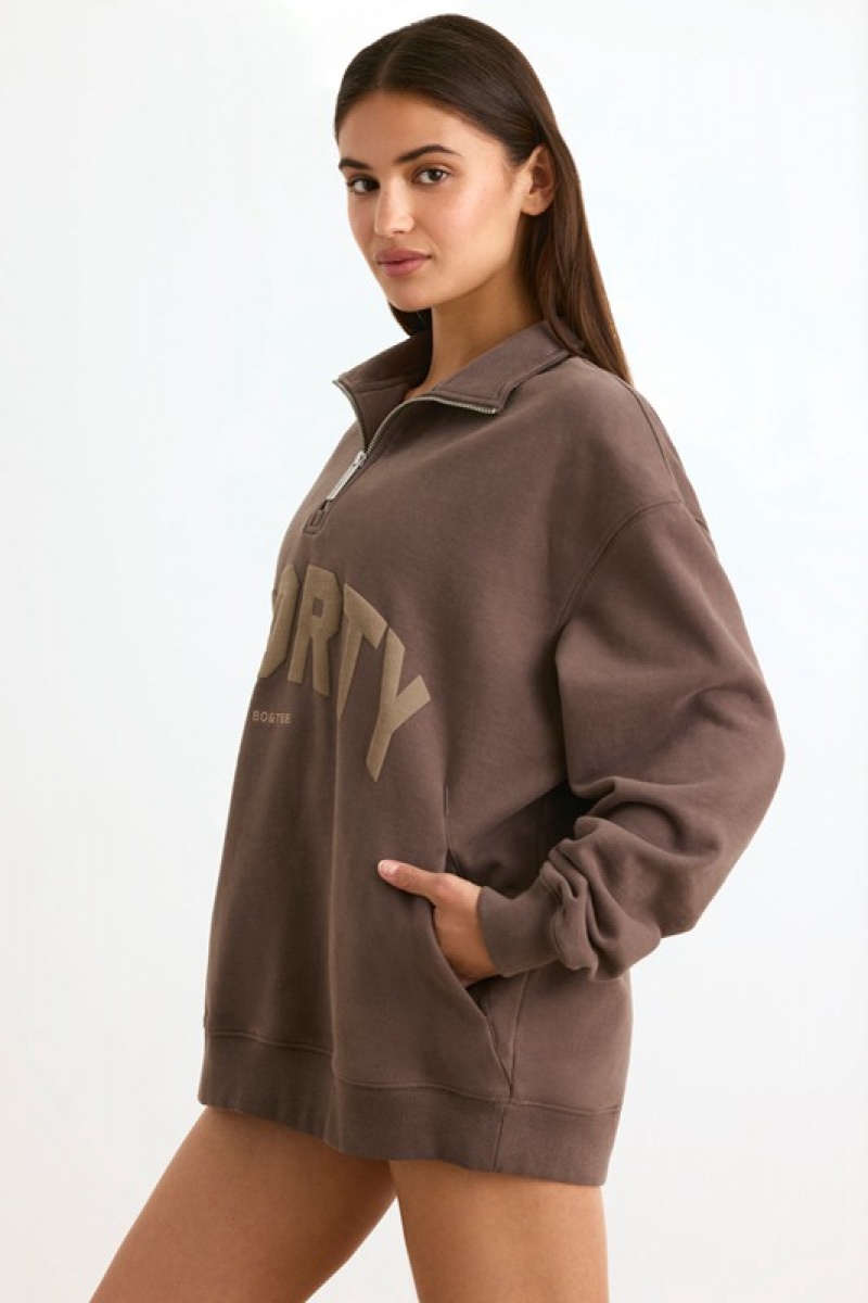 Dark Brown Women's Bo And Tee Quarter-Zip Sweatshirts | 08931-BQUJ