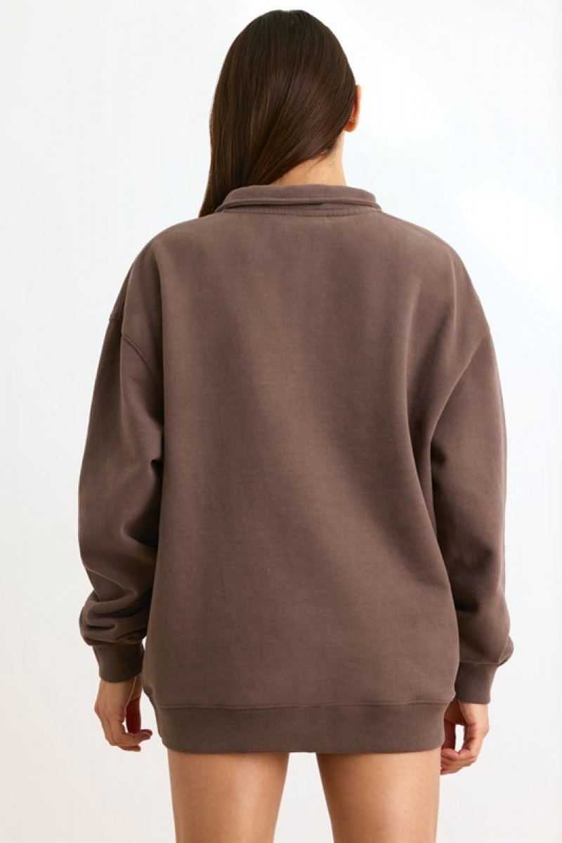 Dark Brown Women's Bo And Tee Quarter-Zip Sweatshirts | 08931-BQUJ