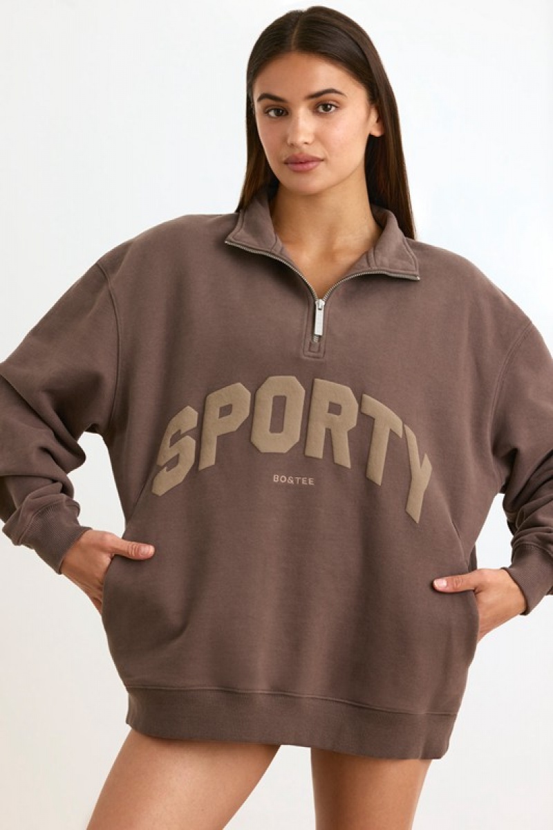 Dark Brown Women's Bo And Tee Quarter-Zip Sweatshirts | 08931-BQUJ