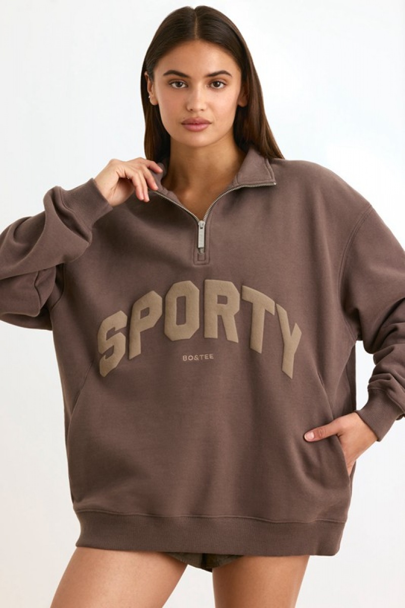 Dark Brown Women's Bo And Tee Quarter-Zip Sweatshirts | 08931-BQUJ