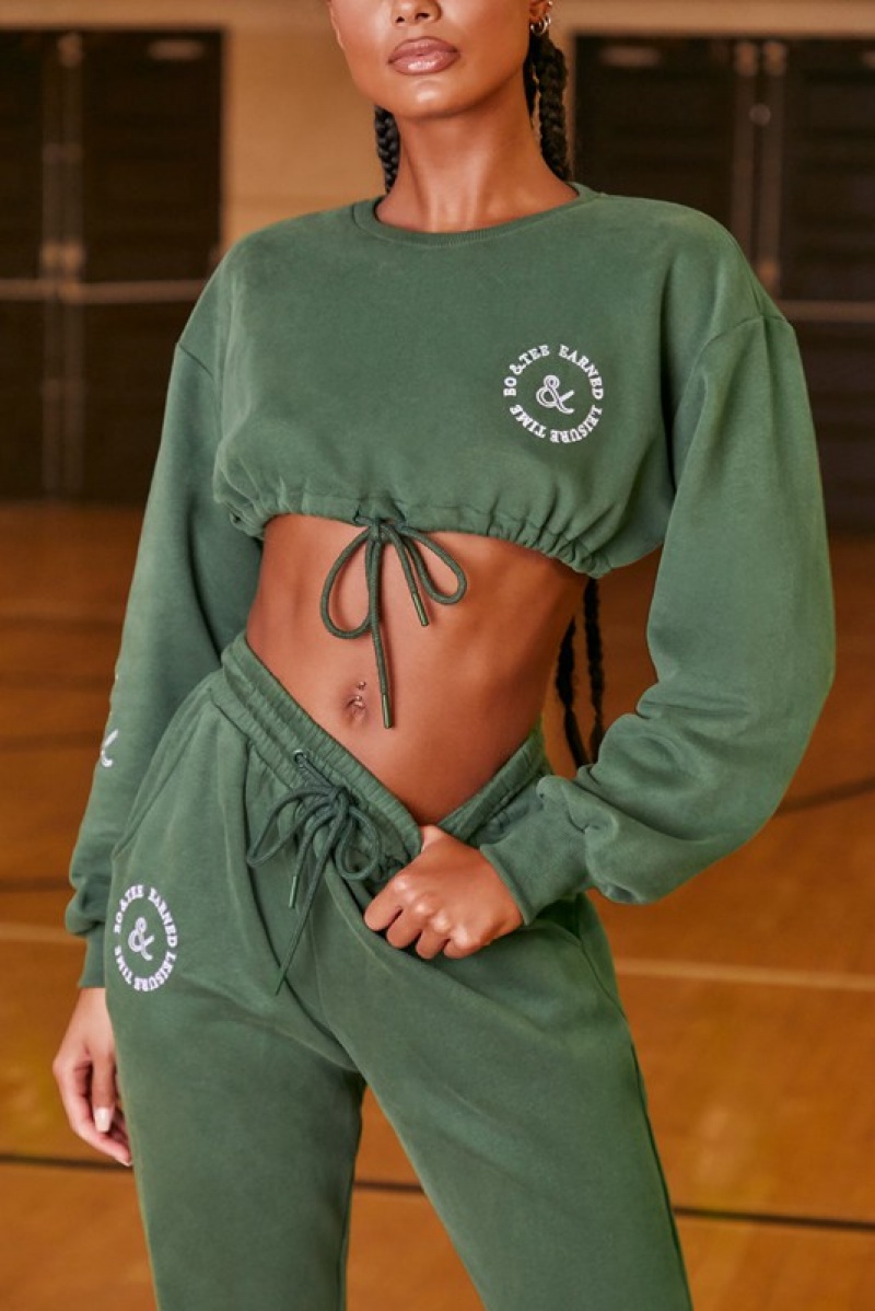 Dark Green Women's Bo And Tee Cropped Drawstring Sweatshirts | 73810-CIRL