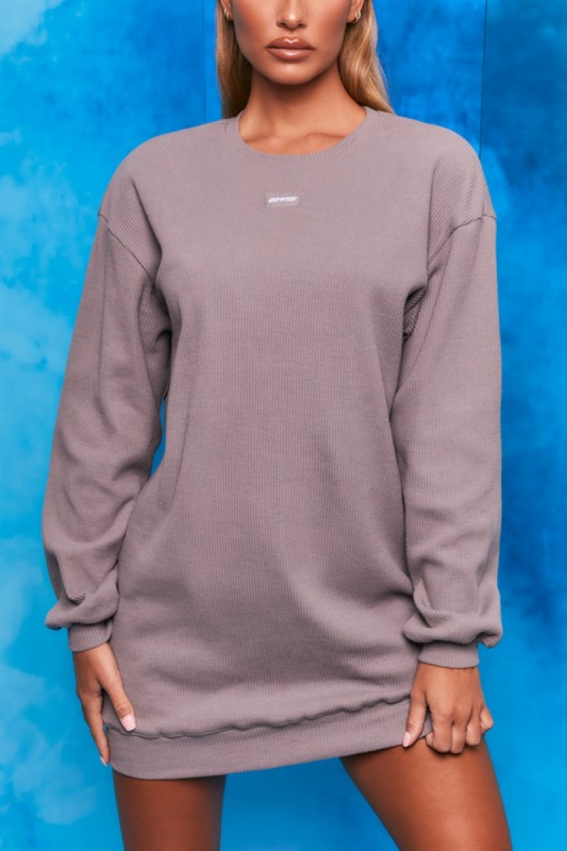 Dark Grey Women's Bo And Tee Ribbed Longline Sweatshirts | 65209-MSKL